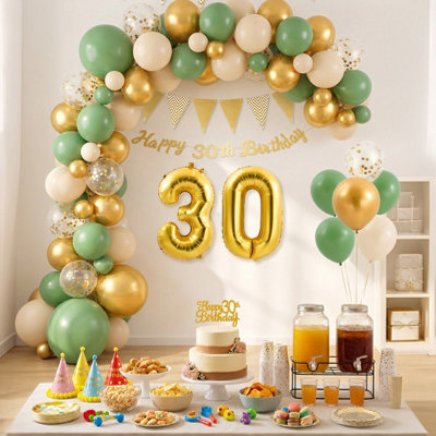 B&Q -  31Pcs Green Cream Gold 30Th Birthday Decor Set 70Cm Number 30 Foil Balloon Latex Confetti Balloons Banner Cake Topper