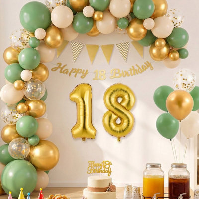 B&Q -  31Pcs Green Cream Gold 18Th Birthday Decor Set 70Cm Number 18 Foil Balloon Latex Confetti Balloons Banner Cake Topper