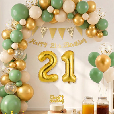 B&Q -  31Pcs Green Cream Gold 21Th Birthday Decor Set 70Cm Number 18 Foil Balloon Latex Confetti Balloons Banner Cake Topper