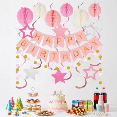 B&Q -  Pink Birthday Decor Set Happy Banner Honeycomb Balls Streamer Garland For Party Backdrop