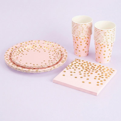 B&Q -  60Pcs Pink Gold Polka Dot Disposable Paper Tableware Set Paper Plates Cups Wood Pulp Napkins