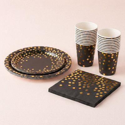 B&Q -  60Pcs Black Gold Polka Dot Disposable Paper Tableware Set Plates Cups Wood Pulp Napkins