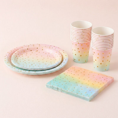 B&Q -  60Pcs Rainbow Gradient Gold Polka Dot Disposable Paper Tableware Set Plates Cups Wood Pulp Napkins