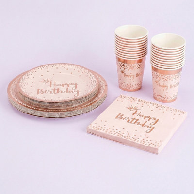 B&Q -  60Pcs Pink Rose Gold Polka Dot Disposable Tableware Set Paper Plates Cups Wood Pulp Napkins