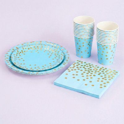 B&Q -  60Pcs Blue Gold Polka Dot Disposable Paper Tableware Set Plates Cups Wood Pulp Napkins