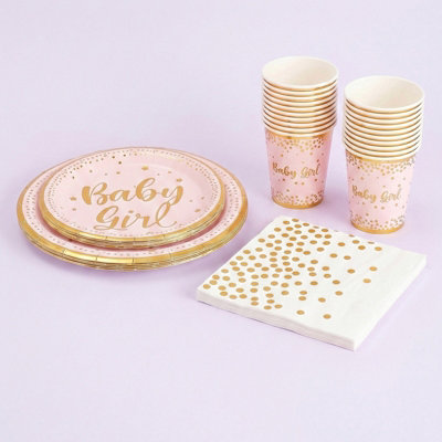 B&Q -  60Pcs Pink Goldl Disposable Paper Tableware Set Plates Cups Wood Pulp Napkins