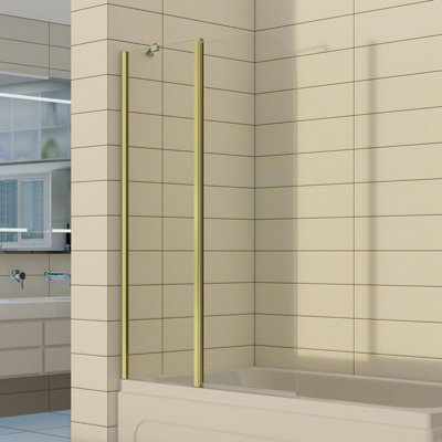 B&Q -  2-Section 180 Degree Pivot Over Bath Shower Screen Gold Framed Tempered Glass Shower Screen