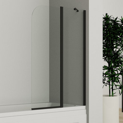 B&Q -  2-Section 180 Degree Pivot Over Bath Shower Screen Black Framed Tempered Glass Shower Screen