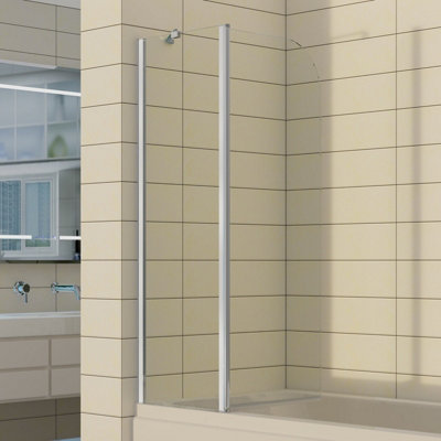 B&Q -  2-Section 180 Degree Pivot Over Bath Shower Screen Silver Framed Tempered Glass Shower Screen
