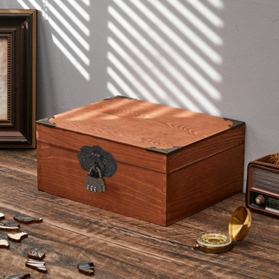 B&Q -  Large Lockable Pine Wood Keepsake Box Combination Lock Walnut Colour Storage Chest