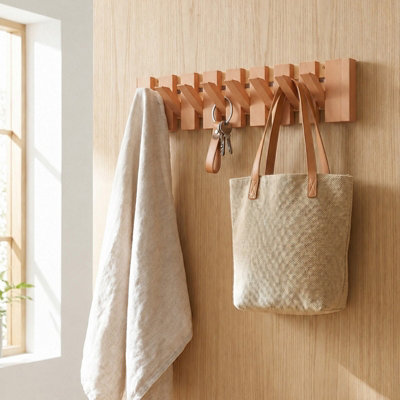 B&Q -  Natural Beech Wood Wall Coat Rack 8 Flip Down Hidden Hooks Entryway Organizer