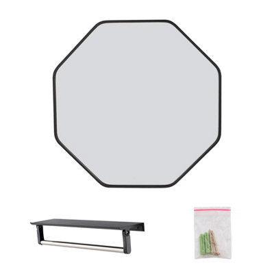 B&Q -  Black Octagon Aluminum Alloy Bathroom Mirror Hd Glass With Towel Bar Wall Vanity Mirror 50X50Cm