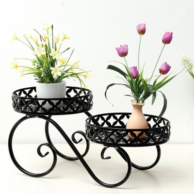 B&Q -  Vintage Scrollwork Black Iron 2 Tier Potted Plant Display Stand Indoor Outdoor Decor