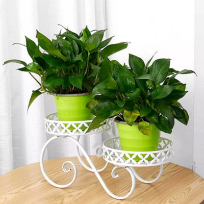 B&Q -  Vintage Scrollwork White Iron 2 Tier Potted Plant Display Stand Indoor Outdoor Decor