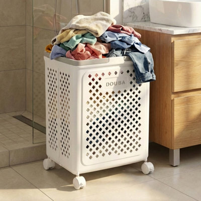 B&Q -  White Pp Ventilated Foldable Laundry Basket With Universal Wheels Dual Carry Handles