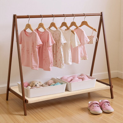 B&Q -  76Cm Natural Bamboo Foldable Kids Freestanding Garment Rail With Fabric Storage Shelf