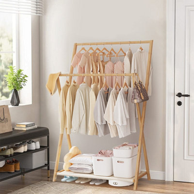 B&Q -  Natural Bamboo Folding Double Rod Clothes Rack With Hooks Bottom Storage Shelf