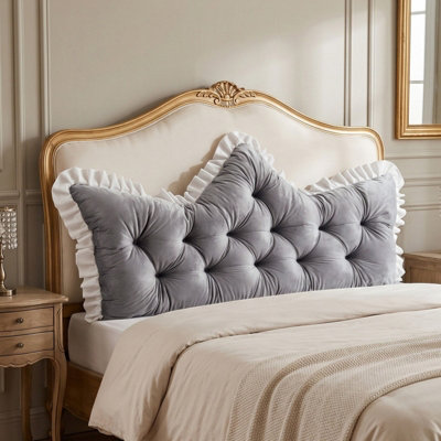 B&Q -  Grey White Ruffle Crown Tufted Headboard Pillow Bed Back Support Cushion 150Cm W X 10Cm D X 60Cm H