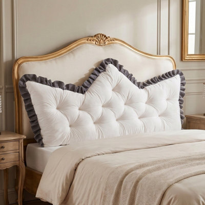 B&Q -  Pearl White Dark Grey Ruffle Crown Tufted Bed Headboard Back Pillow 150Cm W X 10Cm D X 60Cm H