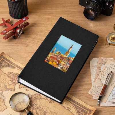 Living And Home 300 Pocket Photo Album Black Linen Hardcover Window Design Memory Storage Book