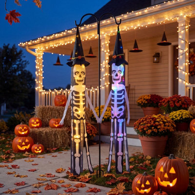 Living And Home 2 Pcs Halloween Skeleton Windsocks With Led Lights Hanging Yard Tree Porch Outdoor Party Decor