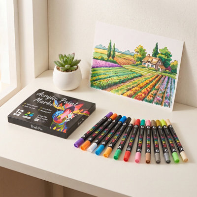 Living And Home 12 Pcs Dual Tip Acrylic Paint Marker Set 24 Colours Waterproof Multi Surface Diy Art Pens