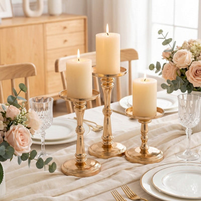 Living And Home Set Of 3 Gold Electroplated Iron Pillar Candle Holders Tiered Height Candlesticks For Wedding Table Decor