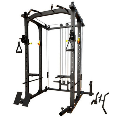 B&Q Black Power Rack Squat Cage Multifunctional With Cable Pulley System Home Gym Weight Lifting Training Station 1000Kg B&Q