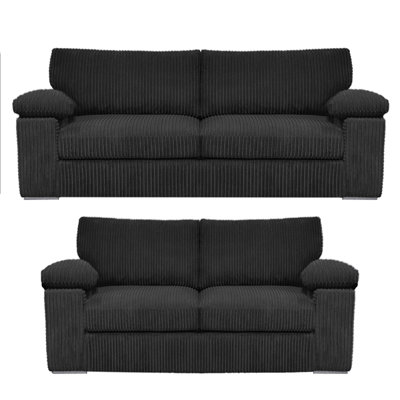 B&Q -  Delta Fabric Sofa Suite Padded Arms Jumbo Cord 3 And 2 Seater Black