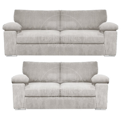 B&Q -  Delta Fabric Sofa Suite Padded Arms Jumbo Cord 3 And 2 Seater Silver