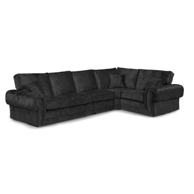 Furnishings For Less UK Chelsea Black Crushed Velvet Long 5 Seater Large Corner Sofa 3 Corner 1 Rolled Arms from B&Q