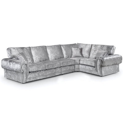 Furnishings For Less UK Chelsea Silver Crushed Velvet Long 5 Seater Large Corner Sofa 3 Corner 1 Rolled Arms from B&Q