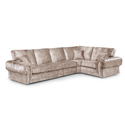 Furnishings For Less UK Chelsea Mink Crushed Velvet Long 5 Seater Large Corner Sofa 3 Corner 1 Rolled Arms from B&Q
