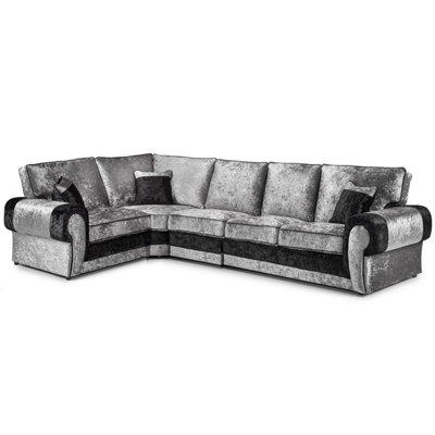 Furnishings For Less UK Chelsea Black And Silver Crushed Velvet Long 5 Seater Large Corner Sofa 1 Corner 3 Rolled Arms from B&Q