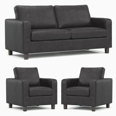 Furnishings For Less UK York Black Faux Leather 3 Piece Sofa Suite 3 Seater And 2 Armchairs from B&Q