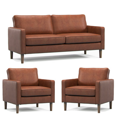 Furnishings For Less UK Bexhill Tan Faux Leather 3 Piece Sofa Suite 3 Seater And 2 Armchairs from B&Q