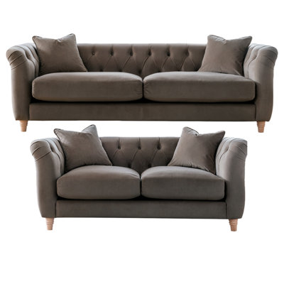 Furnishings For Less UK Elsie Velvet Chesterfield Plush Velvet Mushroom 3 Seater + 2X Armchair Set from B&Q