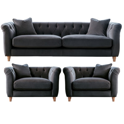 Furnishings For Less UK Elsie Velvet Chesterfield Plush Velvet Midnight 3 Seater + 2X Armchair Set