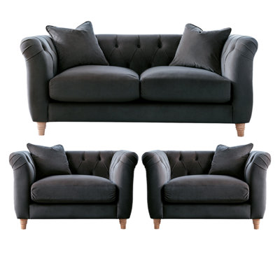 Furnishings For Less UK Elsie Velvet Chesterfield Plush Velvet Midnight 2 Seater + 2X Armchair Set from B&Q