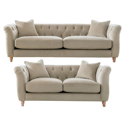 Furnishings For Less UK Elsie Velvet Chesterfield Plush Velvet Putty 3 Seater + 2 Seater Sofa from B&Q