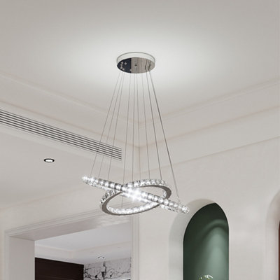 B&Q -  Modern 2 Tier Circular Adjustable Crystal Ceiling Mount Led Pendant Light 60Cm Cool White