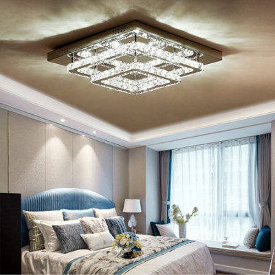 B&Q -  Modern 2-Tiers Square Crystal Led Flush Ceiling Light Fixture Chandelier 40Cmx 40CmCool White