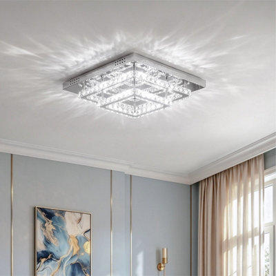B&Q -  Modern 50Cm Double Tiers Square Crystal Led Flush Mount Cool White Ceiling Light Fixture Chandelier