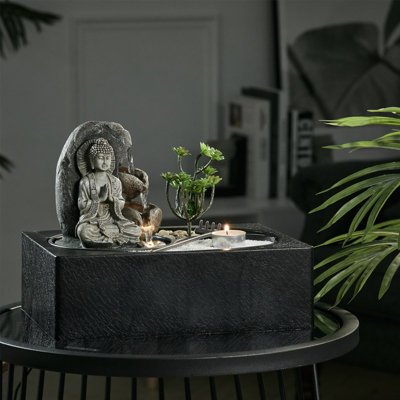 Living And Home Buddha Zen Tabletop Fountain Water Feature Home Decor With Led Lights And Succulents from B&Q