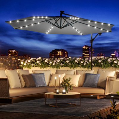 Living And Home 3M Led Lighted Large Garden Patio Cantilever Parasol Outdoor Sun Shade Banana Umbrella Crank Tilt No Base, Dark Grey