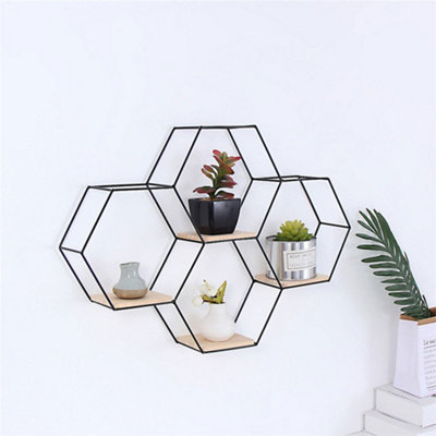 B&Q -  4 Wooden Shelves Modern Hexagon Floating Wall Mount Shelf Wall Accent With Iron Frame
