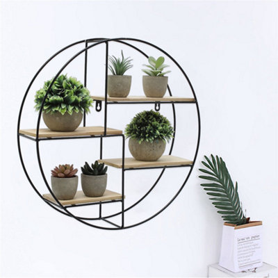 B&Q -  4 Wooden Shelves Modern Round Floating Wall Mount Shelf Wall Accent With Iron Frame