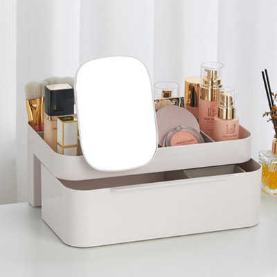 B&Q -  Off-White Plastic Desktop Makeup Cosmetic Organizer Storage Drawers With Removable Mirror 29.8Cm (W) X 18.6Cm (D) X 12Cm (H)