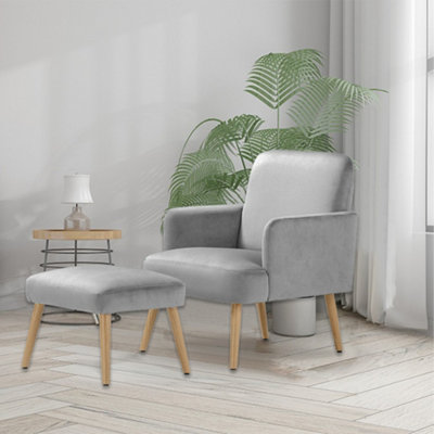 Living And Home Grey Velvet Upholstered Occasional Armchair Relaxing Chair With Footstool