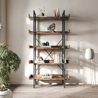 Living And Home Brown 5 Tier Industrial Shelving Unit Iron Frame Mdf Wood Display Bookcase from B&Q